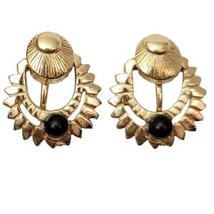 Gold Tone Modernist Spinner Style Black Cab Clip On Earrings